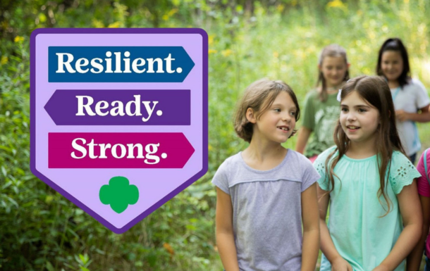 Girls hiking with Resilient. Ready. Strong. patch